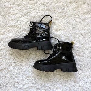 Black Patent Platform Combat Boots - Women's Lace-Up Ankle Boots